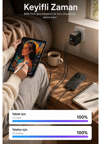 80w Çift Portlu Usb-c Girişli Akıllı Hızlı Şarj Adaptör Kablo Seti - Pd Ve Qc Destekli