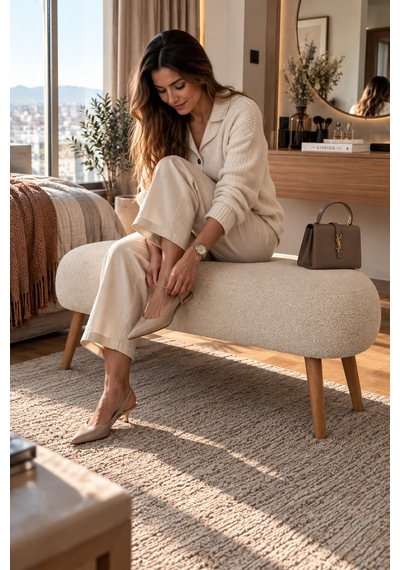 Lona Bukle Kumaş Modern Bench Puf Çok Amaçlı Yatak Ucu Ve Antre Bankı Beyaz
