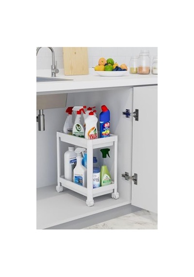 İki Katlı Tekerlekli Düzenleyici Raf, Mutfak Ve Banyo İçin Modern Organizer - Beyaz