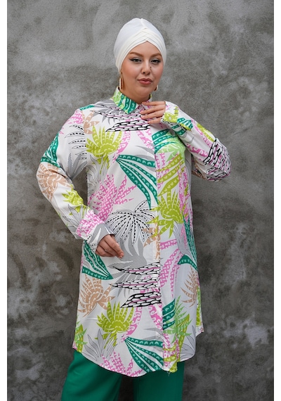Polologin Butik Renkli Yaprak Desenli Hakim Yaka Tunik Yeşil Pembe Beyaz