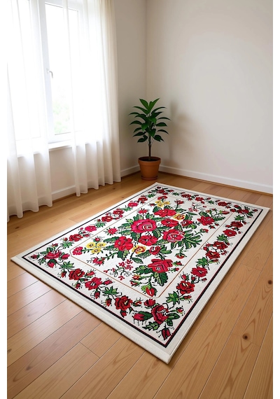 Blghome Dokuma Tabanlı Dijital Baskı Halı Blg3831 Ekru - Kırmızı