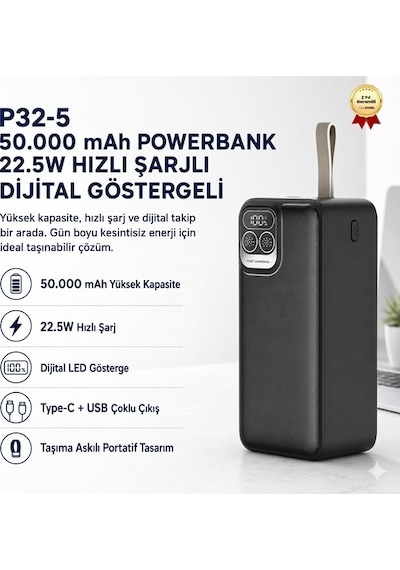 P32-5 50.000 Mah Powerbank 22.5w Hızlı Şarjlı Dijital Göstergeli Taşınabilir Şarj Cihazı-1630 Siyah