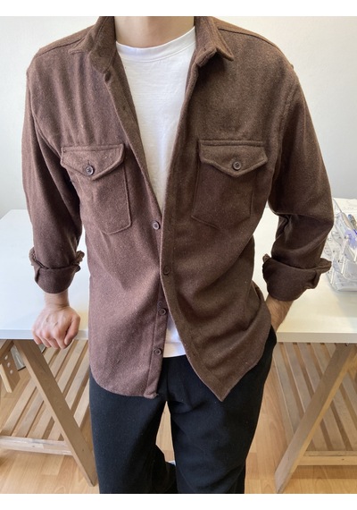 Kahverengi Erkek Slim Fit Çift Cep Kapaklı Oduncu Gömlek Kahverengi