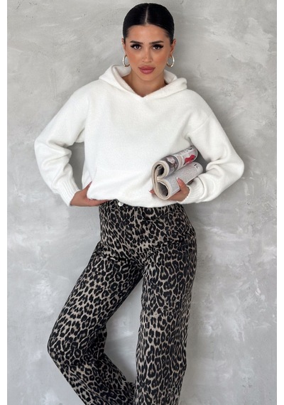 Femelle Kadın Beyaz Standart Beden Kapüşonlu Peluş Triko Sweatshirt