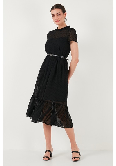 Lela A Kesim Regular Fit Astarlı Midi Boy Kemerli Bayan Elbise 6781937 Siyah