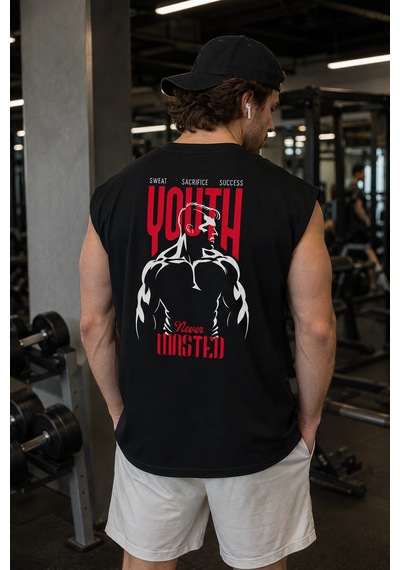 Urbantrendstore Baskılı Premium Sporcu Atleti Gym Tişört %100 Pamuklu T-shirt Açık Siyah