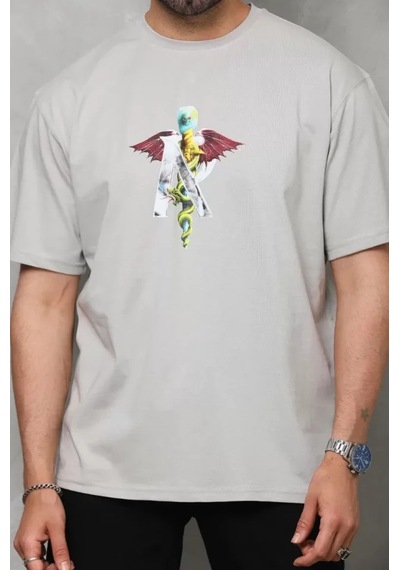 Efnaz Style Unisex Bisiklet Yaka Baskılı Oversize T-shirt - Gri