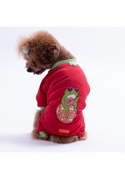 Kırmızı Stay Groovy Kedi Köpek Pijaması - Kedi Köpek Tulumu - Kedi Köpek Kıyafeti