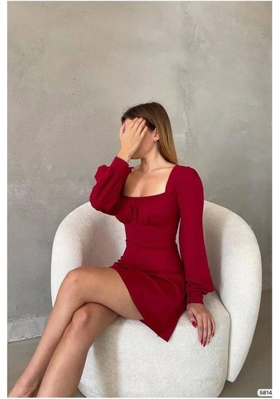 Droptan Krep Yaka Elbise Kare Uzun Kollu Kumaş Bordo