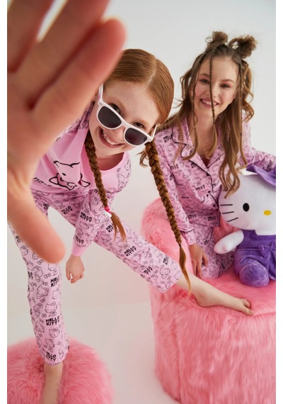Hello Kitty Kız Çocuk Pembe Kız Uzun Kol Pamuklu Pijama Takımı Renklı