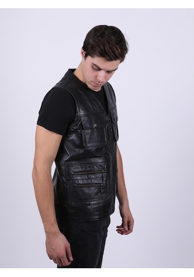 New Zaya Leather Erkek Siyah Deri Yelek (468581124)
