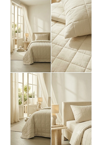Ocean Home Textile %100 Pamuk Kumaş Kapitoneli Bej Çok Amaçlı Tek Kişilik Yatak Örtüsü Seti 1 Adet 180 X 230 / 1 Adet 50 X 70 Cm