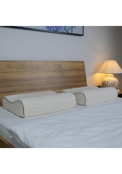 Ortopedik Visco Yastık Boyun Destekli Yastık Visko Atella Doğal Keten Kılıflı 60x40x14-12 Cm