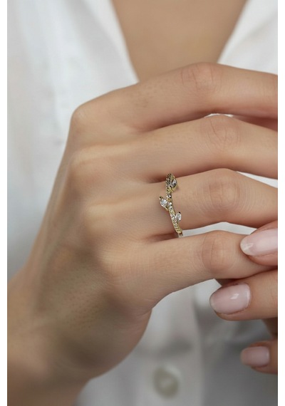 Zirkon Taşlı Yaprak Model Yüzük - Gold Ayarlanabilir, Şık Tasarım Çok Renkli