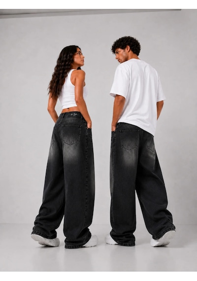 St.poll Vintage Siyah Yıkamalı Unisex Baggy Jean