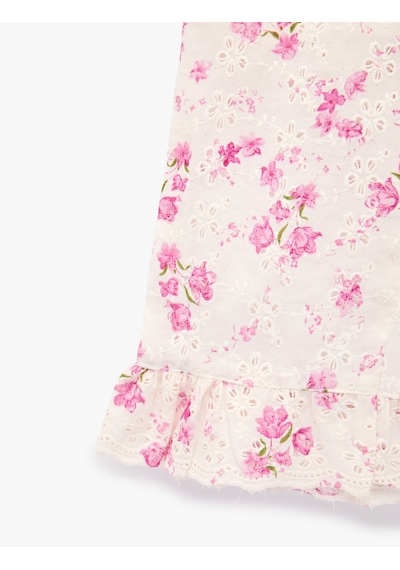 Koton Pamuklu Fırfırlı Brodeli Çiçek Desenli Geniş Paça Pantolon Pembe Desenli 6smg40024aw