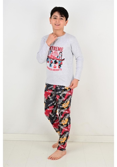 Vitmo Erkek Çocuk Pijama Takımı Uzun Kollu Air Craft Pamuklu Kışlık Gri