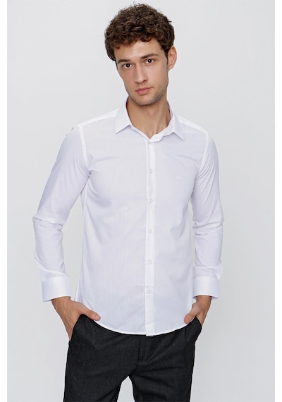 İmza Beyaz Uzun Kol Düz Bez Ayağı Sert Yaka Cepsiz Pamuklu Basic Slim Fit Gömlek 1004250057 600 Beyaz