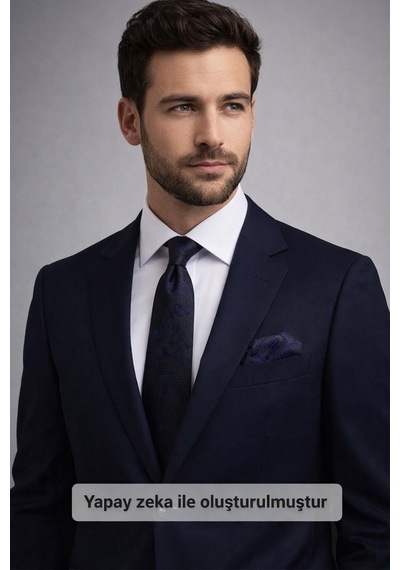 Gaffy Lacivert Kahverengi Şal Desenli Dokuma Kumaş Mendilli Slim Fit Kravat // Sdk-2604-2 Lacivert