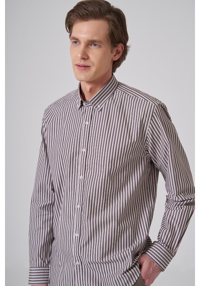 Morven Erkek Kahve Pamuk Trend Çizgili Dynamic Fit Düğmeli Yaka Gömlek 26ms004011400 Kahve