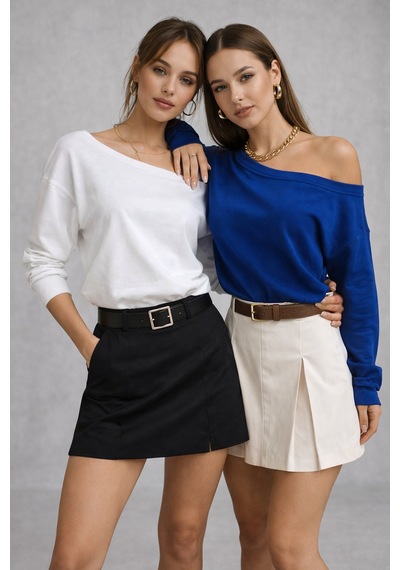 Rich Kadın 2'li Paket Saks Mavi - Beyaz Düşük Omuz Modal Bluz Saks Mavi-beyaz