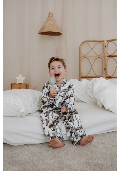 Panda Desenli Yaka Detaylı Çocuk Pijama Takım Mavi