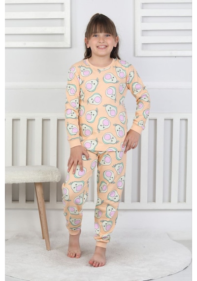 Fidekids Kız Çocuk Desenli Avakado Desen %100pamuklu Pijama Takımı Açık Somon