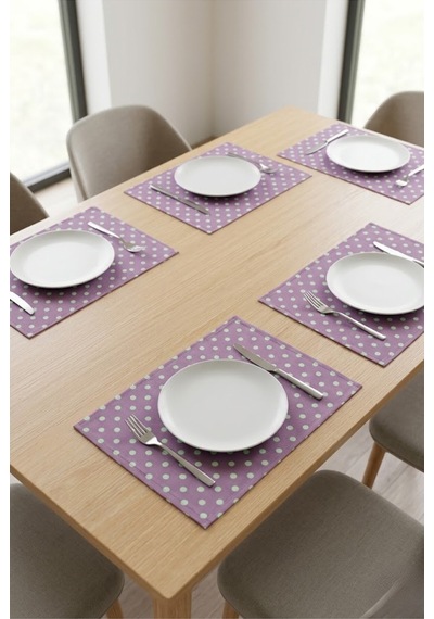 Mor Puantiyeli Amerikan Servis 6 Kişilik Dikdörtgen Kumaş Tabak Altlığı Seti 35x45 Cm