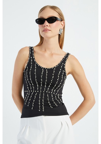 Fullamoda Taş İşlemeli Kalın Askılı Slim Fit Bluz Siyah