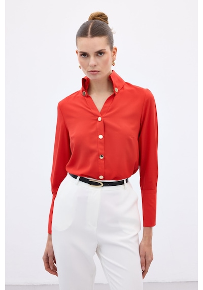 Sateen Çıt Çıt Detaylı Gömlek - Kırmızı-136558 Kırmızı