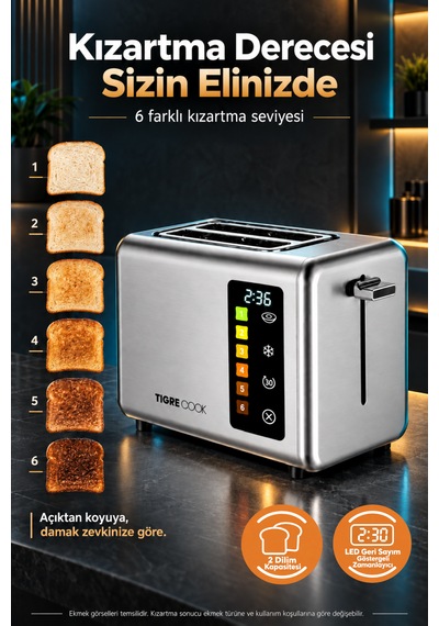 Tıgrecook 2 Dilim Kapasiteli Tost Aparatı Ve Ekmek Isıtma Raflı Dokunmatik Ekmek Kızartma Makinesi