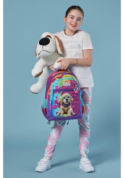 Coral High Kids Mor Pembe Köpek Desenli Üç Bölmeli Okul Sırt Çantası 23649
