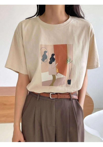 Flood Of Style Kadın Bej Kadın Figür Baskılı Oversize Bisiklet Yaka Tshirt