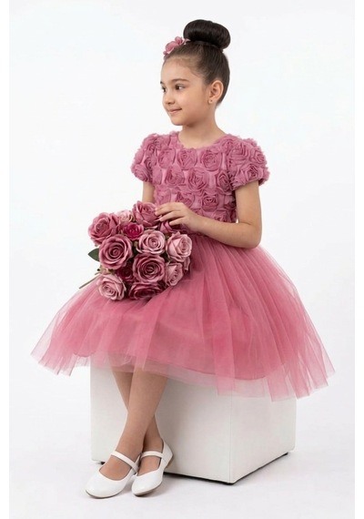 Mnk Baby & Kids Luvia Kısa Kol Kız Tütü Abiye Elbise M00811 Gülkurusu