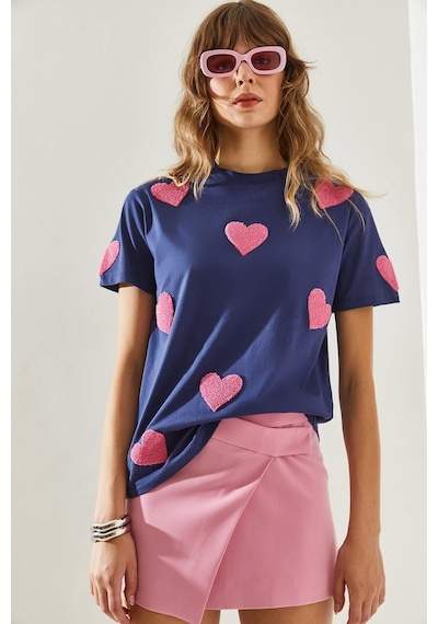 Shade Kadın Süzene Kalp Nakışlı Basic T-shirt 60251208 - Lacivert