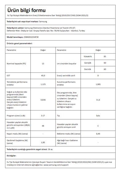 Samsung DW60DG550FSRTR D 5 Programlı 13 Kişilik Bulaşık Makinesi