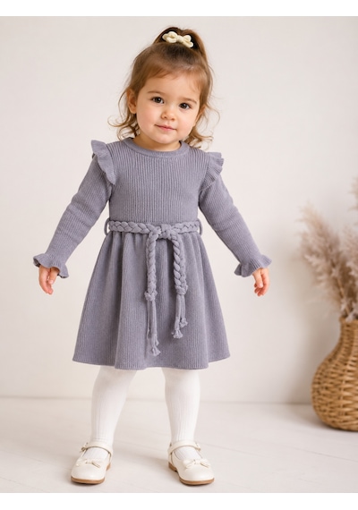 Babyhola %100 Organik Triko Kız Bebek Çocuk Kemerli Elbise 32125 Mor