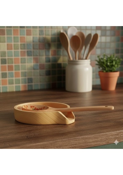 Bambu Tezgah Üstü Kirli Kaşıklık Damlalıklı Ahşap Kaşık Ve Kepçe Dinlendirme Standı