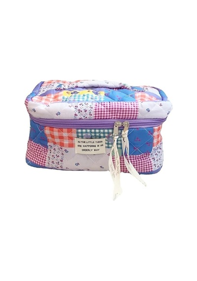 Kapitone Patchwork Desenli Büyük Boy Makyaj Ve Kozmetik Çantası / Seyahat Tipi Organizer - 25x16x16 Cm
