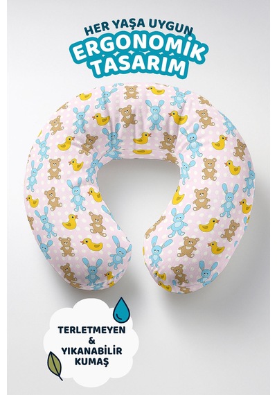 Çizgili Ayıcık Tavşan Desenli Ergonomik Boyun Yastığı - Sevimli Pastel Sarı Pembe Seyahat Yastığı Mat Orman Beton