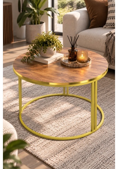 Sulorahome Ceviz Desenli Yuvarlak Orta Sehpa Gold Metal Ayaklı 70 Cm Altın - Ceviz Sulorahome Ceviz Desenli Yuvarlak Orta Sehpa Gold Metal Ayaklı 70 Cm Altın - Ceviz