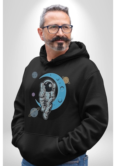 Astronot Uzayda Sıkılmış Kadın Erkek Siyah Kapüşonlu Sweatshirt Hoodie Siyah