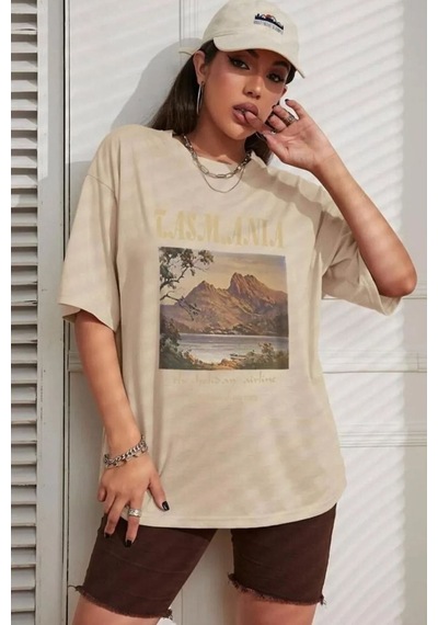 Unisex Tasmania Baskılı Tasarım Tshirt Bej