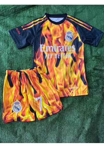 C.ronaldo R.madrid Özel Tasarım Çocuk Futbol Forması Alev Desenli Çok Renkli