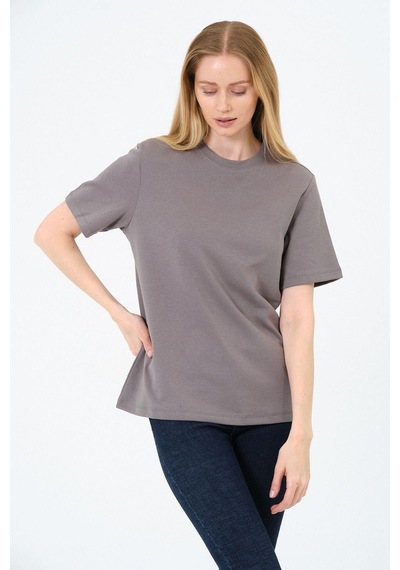Kadın Bisiklet Yaka Kısa Kollu Basic T-shirt - İnterlok Kumaş Gri