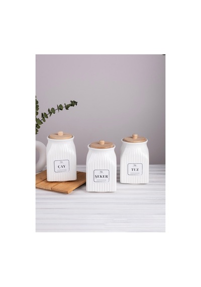 3 Lü Bambu Kapaklı Porselen 750 Ml Çay Şeker Tuz Saklama Kavanoz Seti Kavanoz Takımı Beyaz 657533721 Beyaz