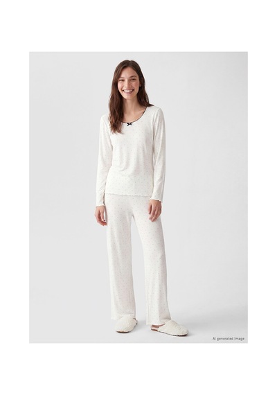 Lcw Dream Ekru Kayık Yaka Puantiyeli Kadın Pijama Takım
