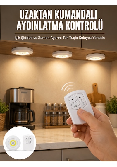 Spot Lamba Led Işık 3'lü Uzaktan Kumandalı Pilli Yapışkanlı Kablosuz Yeni Nesil Çokrenkli