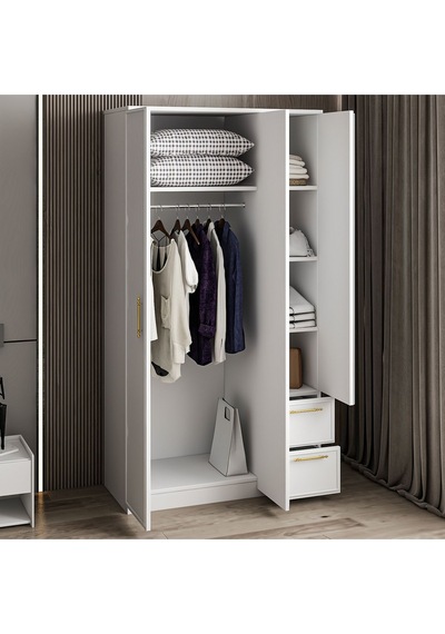 Vespera Çıta Detaylı 3 Kapaklı, Çekmeceli Gardırop Beyaz, 90 Cm