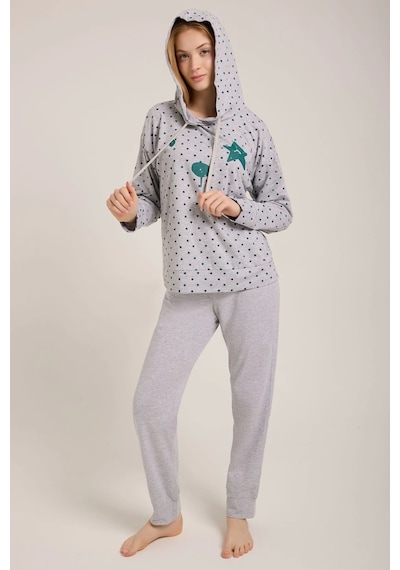 Kadın Gri Kalpli Kapşonlu Pijama Takımı Gri